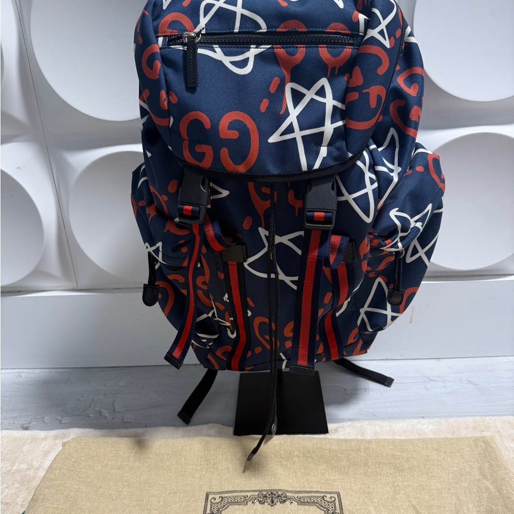 Gucci GG Supreme Ghost Navy Blue with Red and White accentsGraphic Logo Backpack
